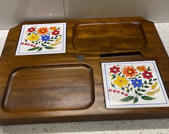 Vintage Charcuterie Board with Colourful Floral Ceramic Tiles for Cheese, Meats, Sushi, Wood Cheese Board Serving Tray 1960s