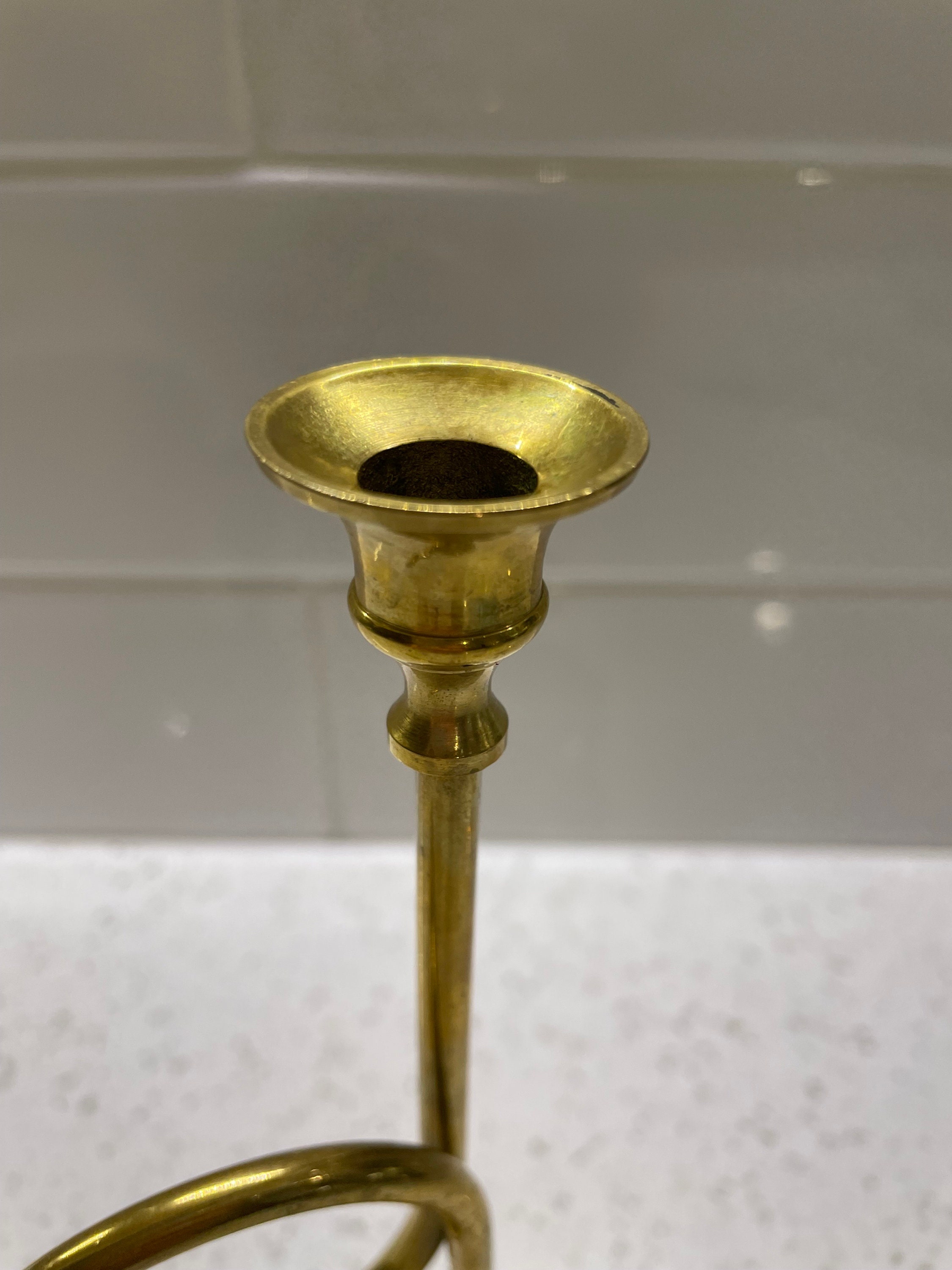Vintage Brass Trumpet Horn Candle Holder, Holiday Christmas Decor, 8 1/