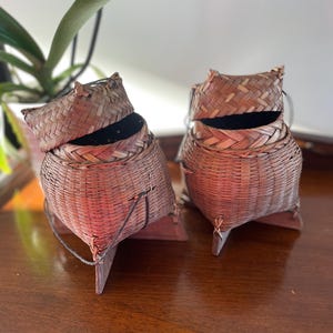 Vintage Thai Bamboo Sticky Rice Baskets – Handmade Kratip Kong Kao from Northern Thailand –Traditional Woven Rice Storage –Rustic Boho Decor