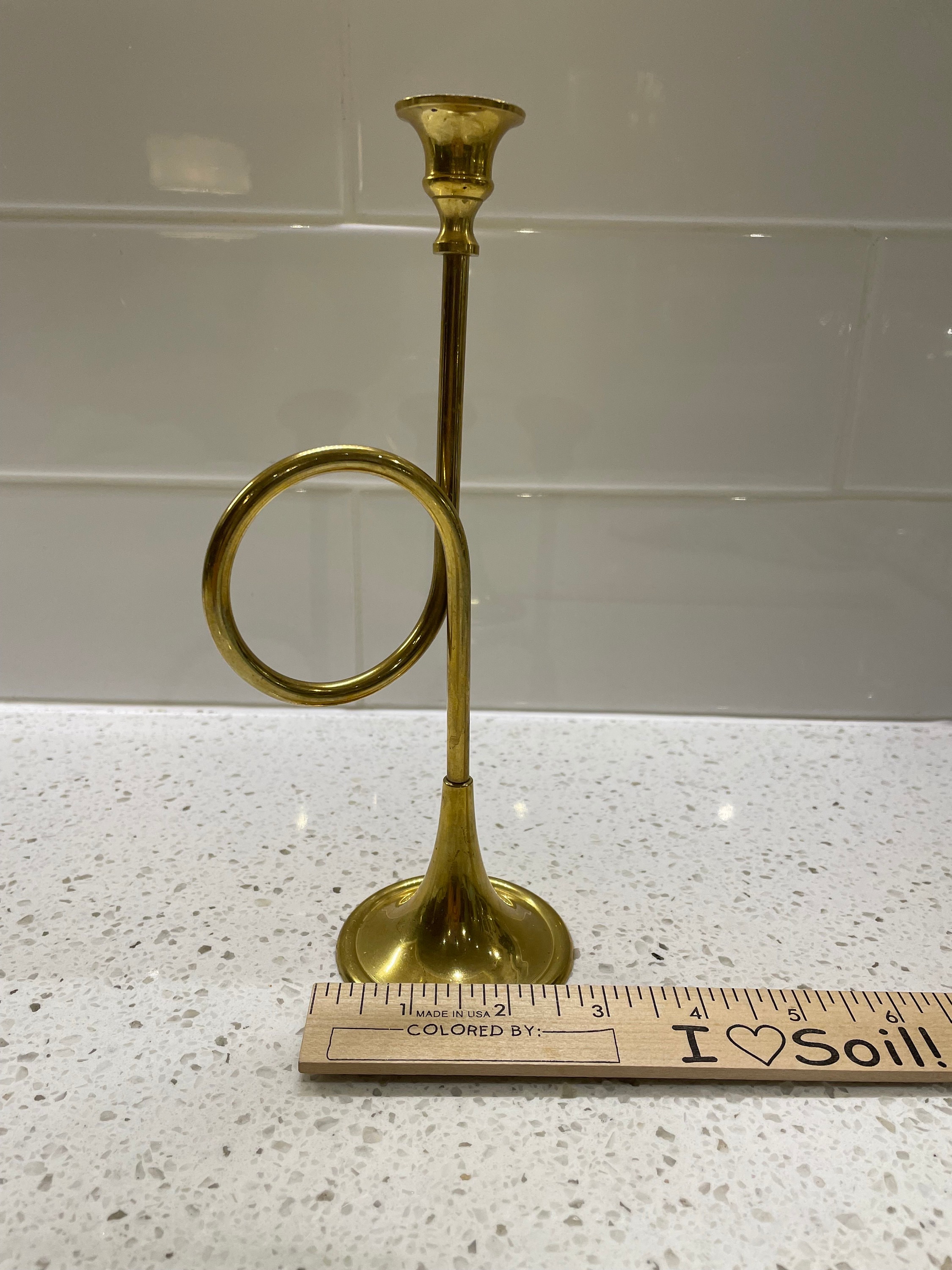 Vintage Brass Trumpet Horn Candle Holder, Holiday Christmas Decor, 8 1/