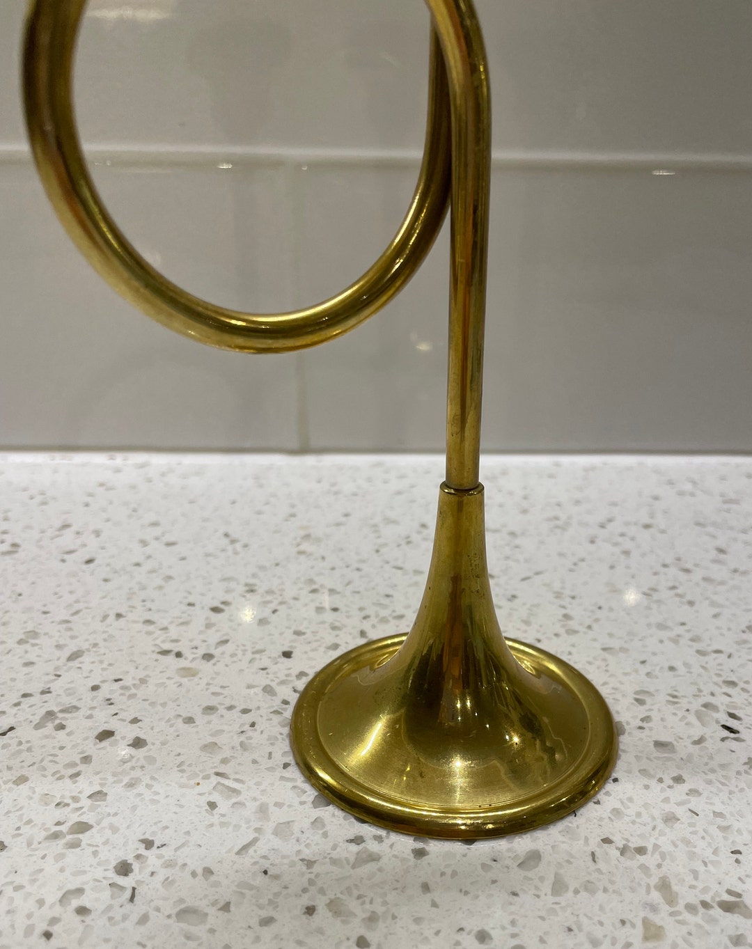 Vintage Brass Trumpet Horn Candle Holder, Holiday Christmas Decor, 8 1/