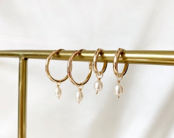 Freshwater Pearl Hoop Earrings, Pearl Hoops, Pearl Hoop Earrings, 14k Gold Filled Pearl Hoops, Sterling Silver Pearl Hoops, Gifts for Her