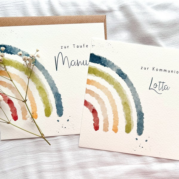 Card Baptism Communion Confirmation Greeting Card Invitation Personalized Envelope Rainbow With Name Watercolor