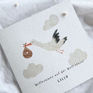 Karte zur Geburt Willkommen auf der Welt Storch Glückwünsche Aquarell Naturpapier