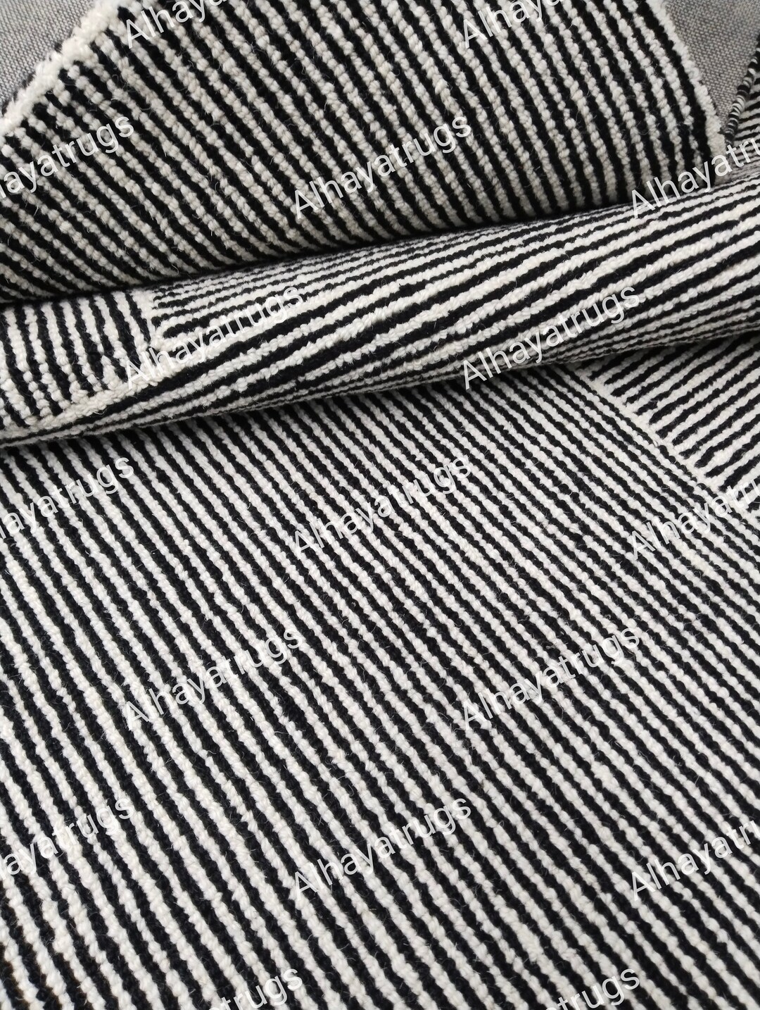 Black and White Area Rug Low Pile Hand Tufted Modern Rug Handmade 100% ...
