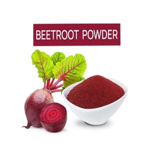 May include: A bowl of beet powder with a whole beet and a beet slice next to it. The bowl is white and the powder is a deep red color. The beet is a deep red color with green leaves. The text "BEETROOT POWDER" is written in white letters on a red background.