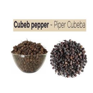 Può includere: Primo piano di due mucchi di pepe cubeba essiccato, noto anche come Piper Cubeba. Un mucchio è in una ciotola di vetro trasparente, l'altro è su uno sfondo bianco.