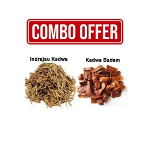 May include: Combo offer of two types of Indian herbs: Indrajau Kadwa and Kadwa Badam. The Indrajau Kadwa is a pile of light brown, thin, elongated pieces. The Kadwa Badam is a pile of dark brown, irregularly shaped pieces.