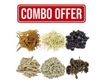 Ashwagandha, Shatavari, Safed Musli, Kaunch Beej, Gokhru, Akarkara Hierba de semilla de raíz entera de Sabut 300 g Paquete combinado 50 g cada uno