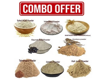 Safed Musli, Shatavari, Kaunch Beej, Akarkara, Gokhru, Vidharikand, Talmakhana, Ashwagandha Powder 800 Gm Combo Pack 100 Gm Each Herb