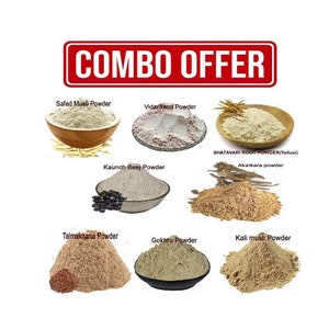 Safed Musli, Shatavari, Kaunch Beej, Akarkara, Gokhru, Vidharikand, Talmakhana, Ashwagandha en polvo, paquete combinado de 800 g, 100 g cada hierba
