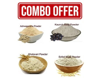 Safed Musli, Konch Beej, Ashwagandha, Shatavari, Kaunch Beej, Satawer en polvo, paquete combinado de 200 g
