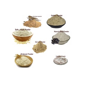 May include: A collection of seven different types of herbal powders in bowls, including Safeu Musli Powder, Gokhru Powder, Akarkara powder, Shatavari Powder, Kali mus Powder, Kaunch Beej Powder, and Vidarikand Powder.