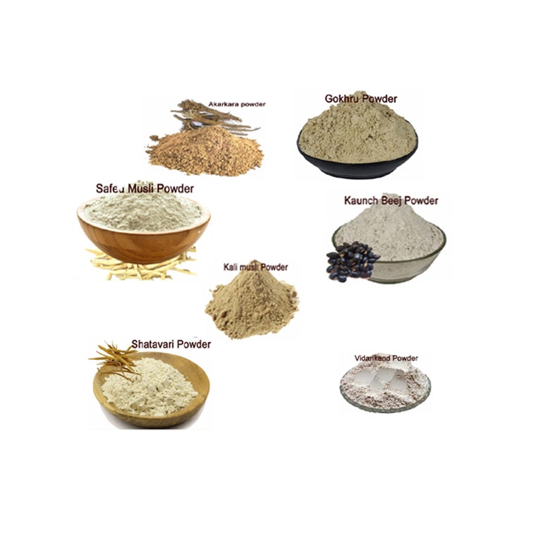 May include: A collection of seven different types of herbal powders in bowls, including Safeu Musli Powder, Gokhru Powder, Akarkara powder, Shatavari Powder, Kali mus Powder, Kaunch Beej Powder, and Vidarikand Powder.