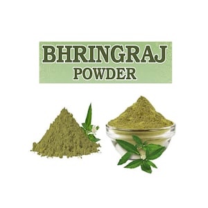 May include: A pile of green Bhringraj powder, a traditional Indian herb, is shown in two ways: a heap on a white background and a bowl of powder with green leaves. The text "BHRINGRAJ POWDER" is displayed in a green banner.