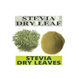 Op de afbeelding: Twee afbeeldingen van stevia, één met gedroogde stevia bladeren en de andere met stevia poeder. De tekst "Stevia Dry Leaf" staat boven de afbeeldingen en de tekst "Stevia Dry Leaves" staat onder de afbeeldingen.