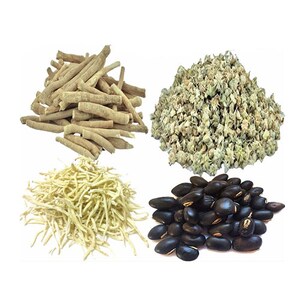 May include: A collection of dried herbs and roots, including white and beige dried roots, white dried flowers, and black seeds.