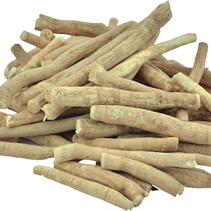 May include: A pile of dried, light brown, root-like sticks. The sticks are about 10 cm long and have a rough, fibrous texture.