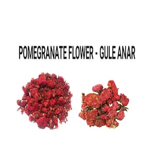 May include: Dried pomegranate flowers, also known as "Gule Anar", are a vibrant red colour and are arranged in two piles on a white background.