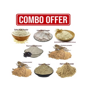May include: A combo offer of various herbal powders in bowls, including Safed Musli Powder, Vidarikand Powder, Shatavari Root Powder (Yellow), Kaunch Beej Powder, Akarkara powder, Gokhru Powder, and Kali Musli Powder.