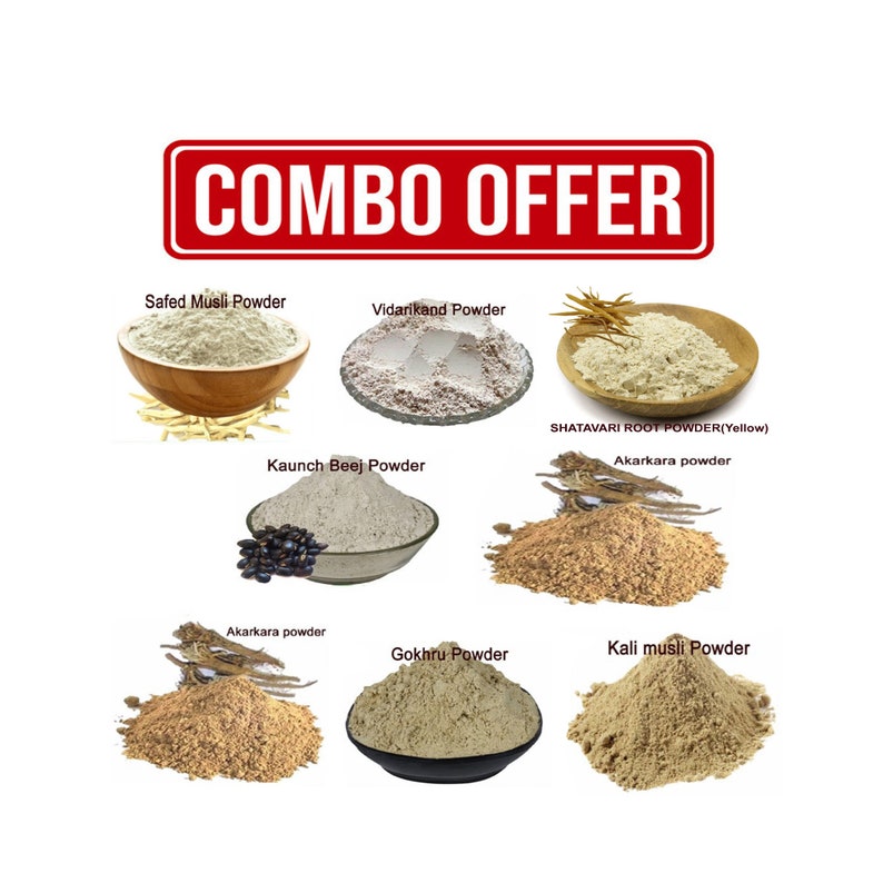 May include: A combo offer of various herbal powders in bowls, including Safed Musli Powder, Vidarikand Powder, Shatavari Root Powder (Yellow), Kaunch Beej Powder, Akarkara powder, Gokhru Powder, and Kali Musli Powder.