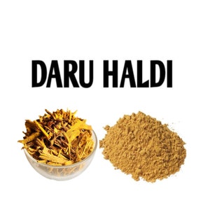 Pode incluir: Daru Haldi, uma especiaria amarela, é mostrada em duas formas: pedaços soltos e pó. A especiaria está em uma tigela transparente e em um monte sobre um fundo branco.