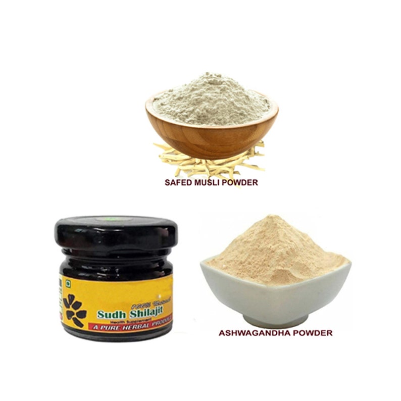 May include: Three jars of powder, one labeled "Safed Musli Powder", one labeled "Ashwagandha Powder", and one labeled "Sudh Shilajit A Pure Herbal Powder".