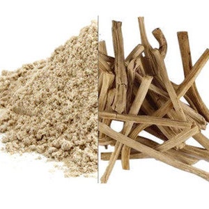 May include: A pile of light brown, dried, and powdered roots. The roots are long and thin, and the powder is fine and light.