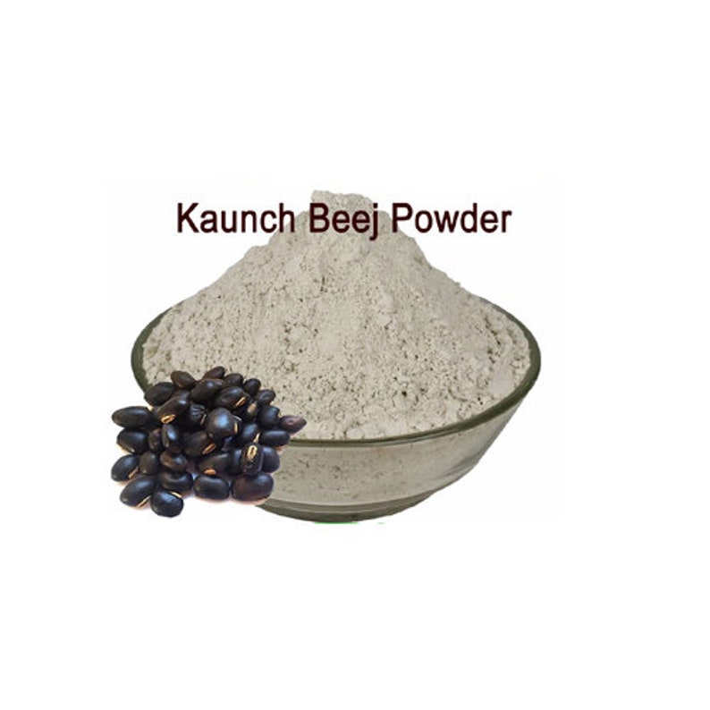 May include: A white bowl filled with light grey Kaunch Beej Powder. A pile of black seeds sits in front of the bowl.