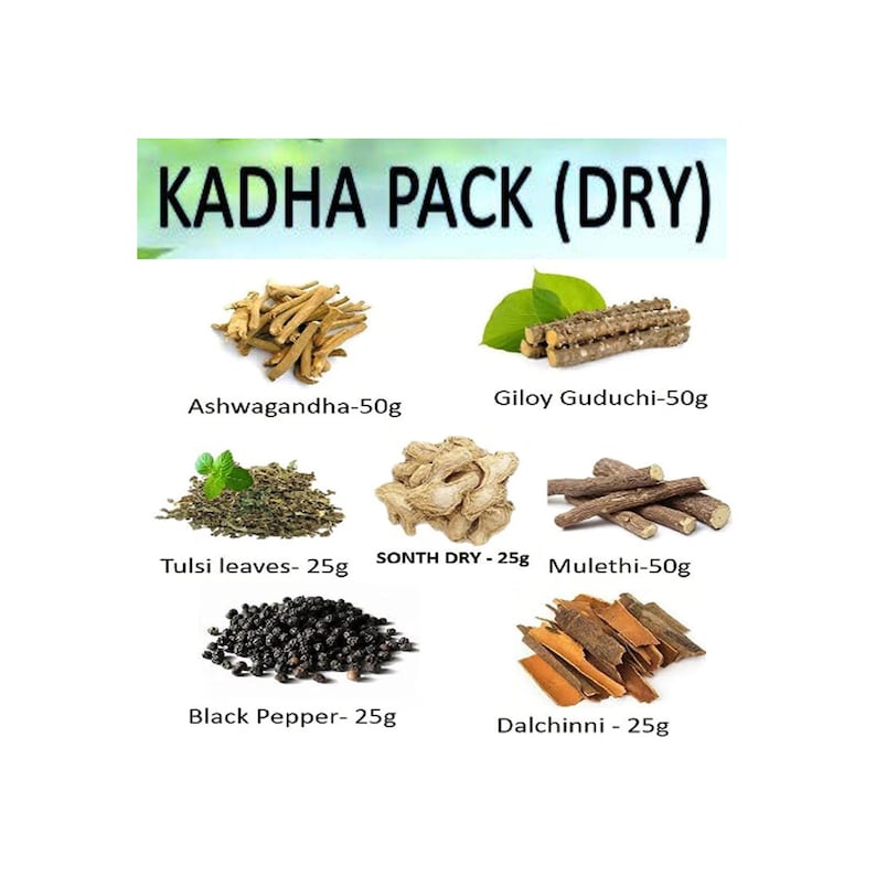 May include: A dry kadha pack containing a variety of herbs and spices, including Ashwagandha, Giloy Guduchi, Tulsi leaves, Sonth Dry, Mulethi, Black Pepper, and Dalchinni. Each ingredient is labelled with its weight in grams.
