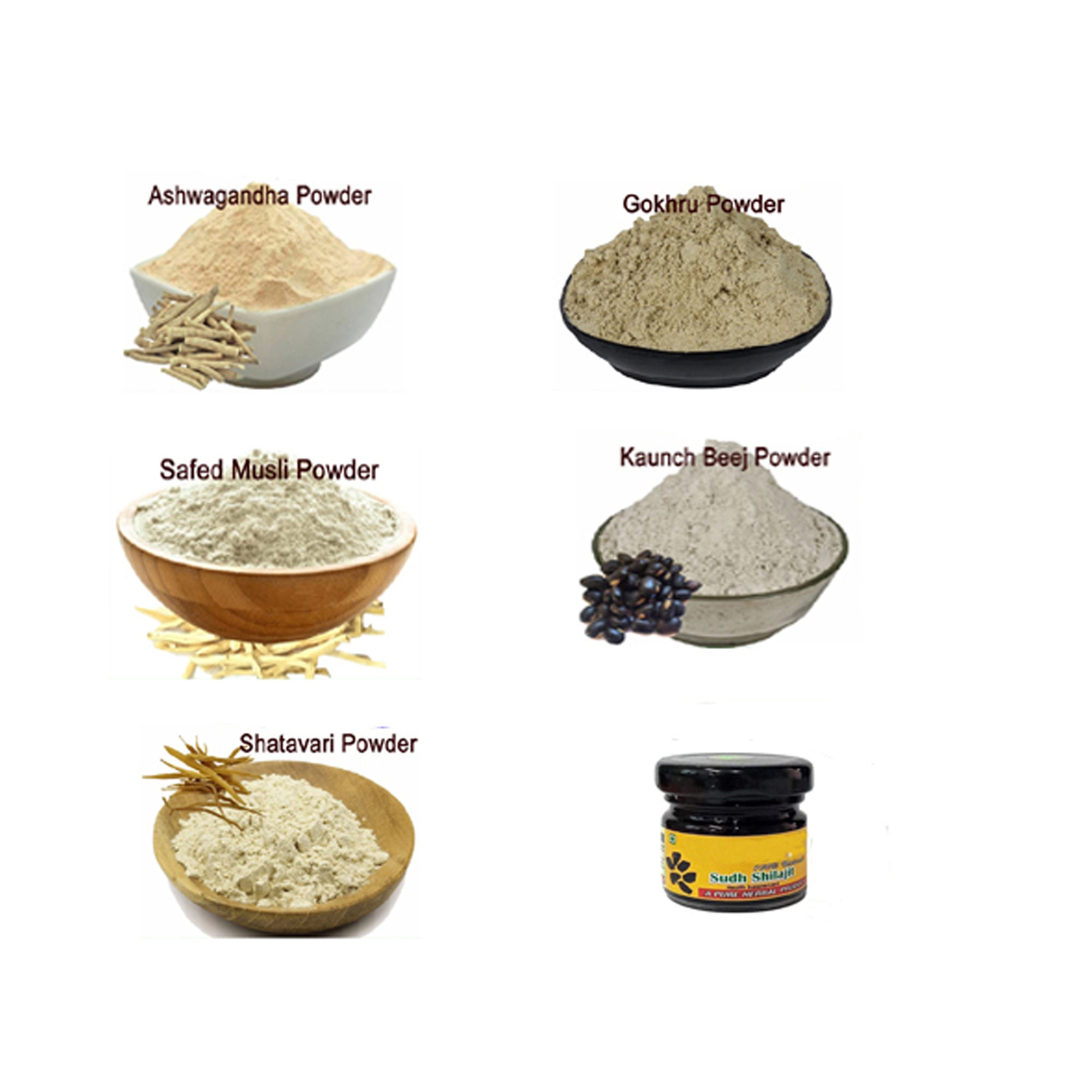 Poudres Ayurvédiques : Safed Musli, Ashwagandha, Shatavari, Kaunch, Gokhru, Akarkara - Lot De 6 X 50g