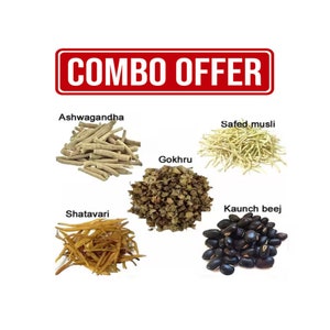 May include: A combo offer of six different herbs and seeds, including Ashwagandha, Safed Musli, Gokhru, Shatavari, and Kaunch Beej. The herbs and seeds are arranged in a circle on a white background.