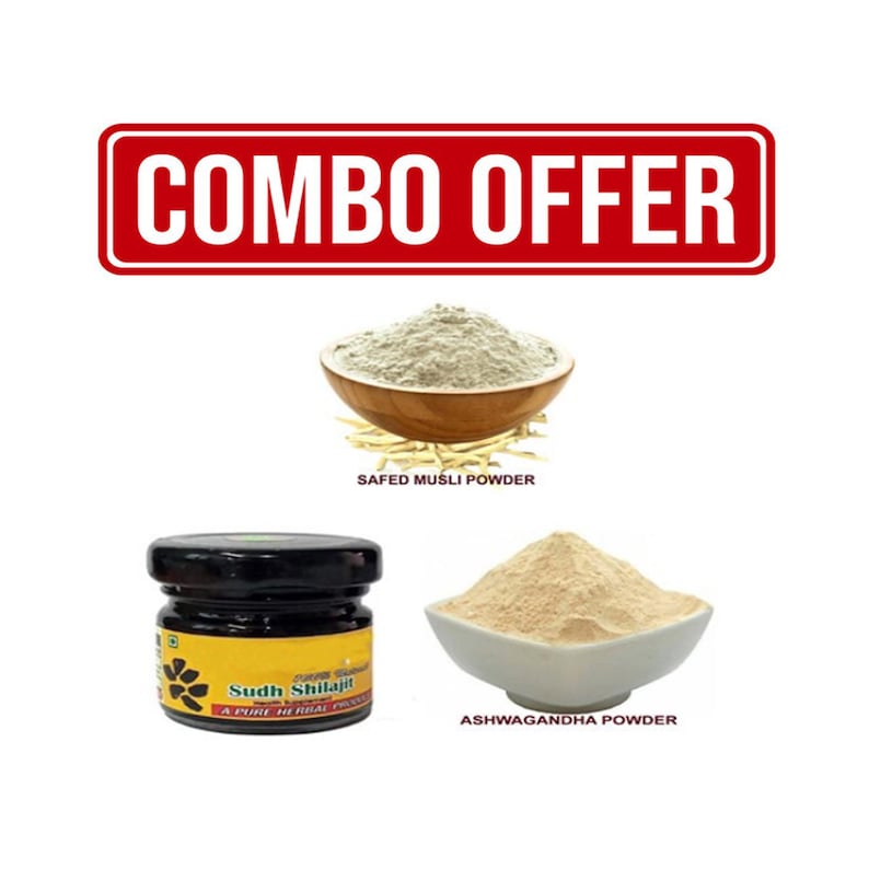 May include: Combo offer of three herbal powders in white bowls and a small glass jar. The powders are labeled "Safed Musli Powder", "Ashwagandha Powder", and "Sudh Shilajit A Pure Herbal Product".