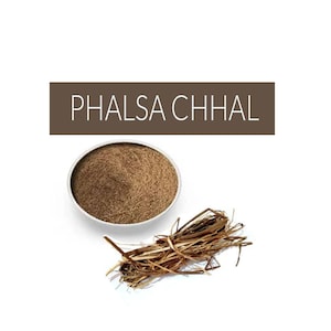 May include: A white bowl filled with brown Phalsa Chhal powder, a dried fruit powder, and a bundle of dried Phalsa Chhal sticks.