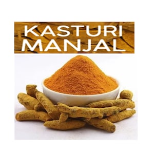 May include: A white bowl filled with bright orange turmeric powder, with fresh turmeric root pieces surrounding the bowl. The text "KASTURI MANJAL" is displayed above the bowl.