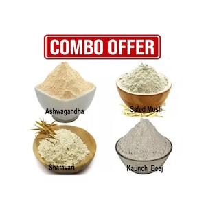 Puede incluir: Combo de oferta de cuatro tipos diferentes de polvos de hierbas en cuencos: Ashwagandha, Safed Musli, Shatavari y Kaunch Beej. Los polvos son de color marrón claro, verde claro y blanco.