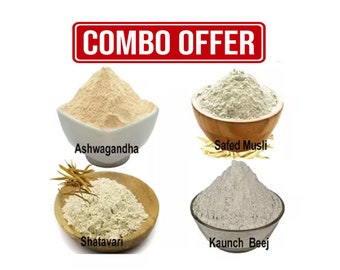 Safed Musli, Konch Beej, Ashwagandha, Shatavari, Kaunch Beej, Satawer Poeder 100 Gm Combinatiepakket 25 Gm elk