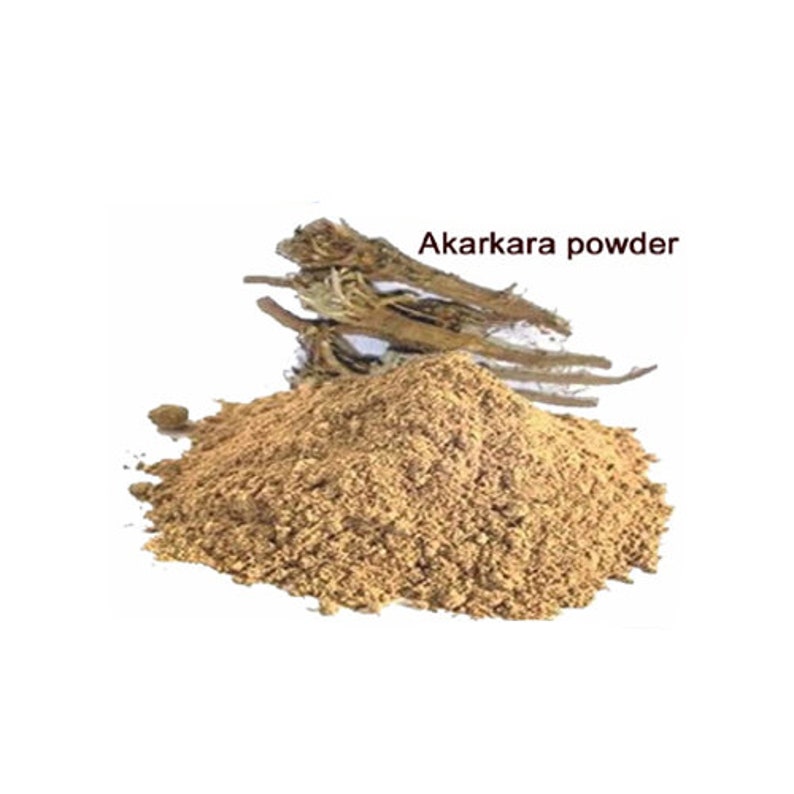May include: Akarakara powder, a light brown powder, is shown next to a pile of dried roots.
