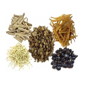 May include: An assortment of dried herbs and beans, including light brown roots, dark brown buds, yellow-orange strands, light yellow shredded pieces, and black beans. The items are arranged on a white background.