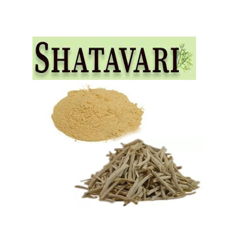 May include: Shatavari powder and dried roots. The powder is a light yellow color and the roots are a light brown color.