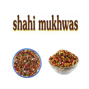 May include: Two bowls of shahi mukhwas, a traditional Indian mouth freshener. One bowl contains a mixture of red, white, and brown ingredients, while the other bowl contains a mixture of yellow, brown, and red ingredients.