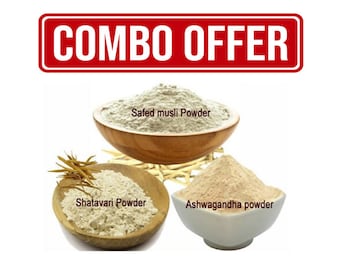 Safed Musli, Shatavari, Ashwagandha w proszku 300 Gm Pakiet Combo 100 Gm Każde Zioło