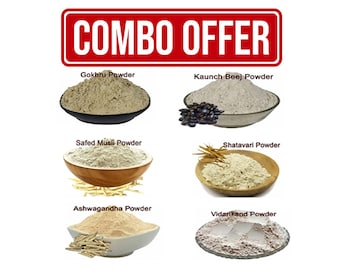 Ashwagandha, Shatavari, Safed Musli, Kaunch Beej, Gokhru, Vidharikand en polvo, paquete combinado de 600 g, 100 g cada uno