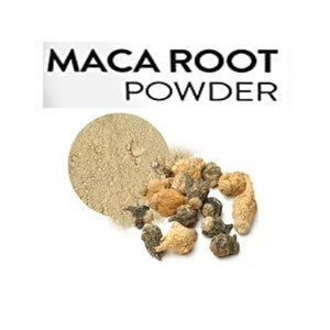 May include: A close-up of a pile of dried maca root pieces and a bowl of maca root powder. The text "MACA ROOT POWDER" is displayed above the image.