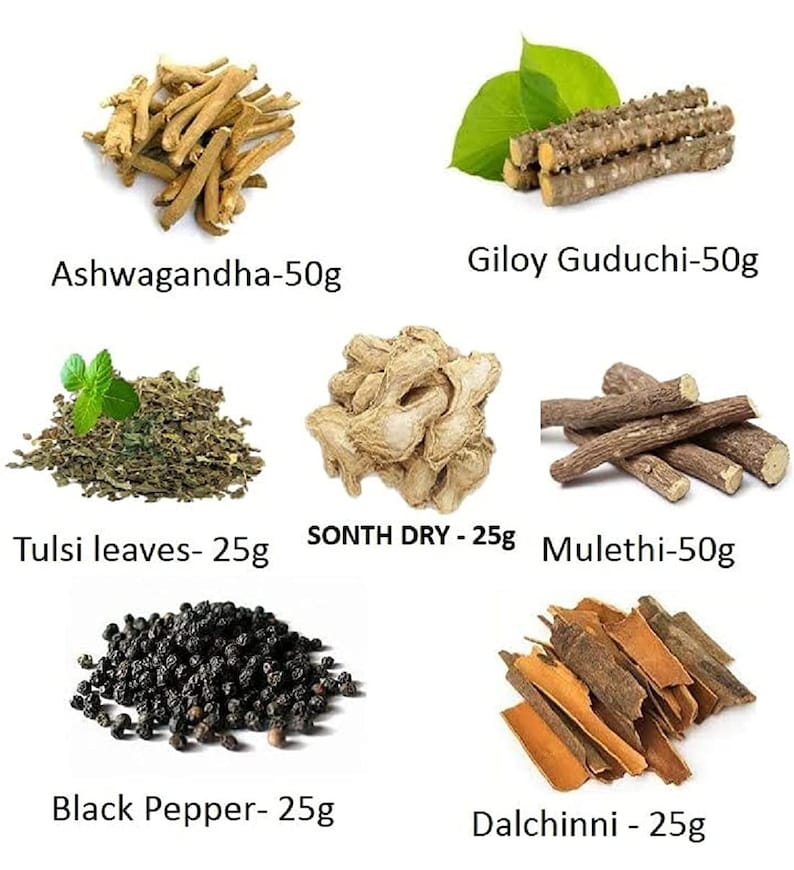 May include: Assortment of dried herbs and spices, including Ashwagandha (50g), Giloy Guduchi (50g), Tulsi leaves (25g), SONTH DRY (25g), Mulethi (50g), Black Pepper (25g), and Dalchinni (25g).