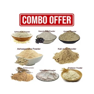 May include: A combo offer of various herbal powders in bowls, including Safed Musli Powder, Kaunch Beej Powder, Gokhru Powder, Ashwagandha Powder, Kali musli Powder, Akarkara powder, Shatavari Powder, and Vidarikand Powder.