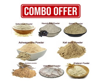 Safed Musli, Shatavari, Kaunch Beej, Akarkara, Gokhru, Vidharikand, Black Musli, Ashwagandha en polvo, paquete combinado de 200 g, 25 g cada hierba