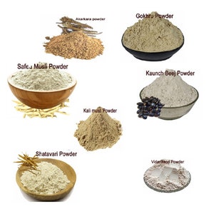 May include: Eight bowls of different herbal powders, including Safeu Musli Powder, Gokhru Powder, Akarkara powder, Kali mus Powder, Kaunch Beej Powder, Shatavari Powder, and Vidarikand Powder.
