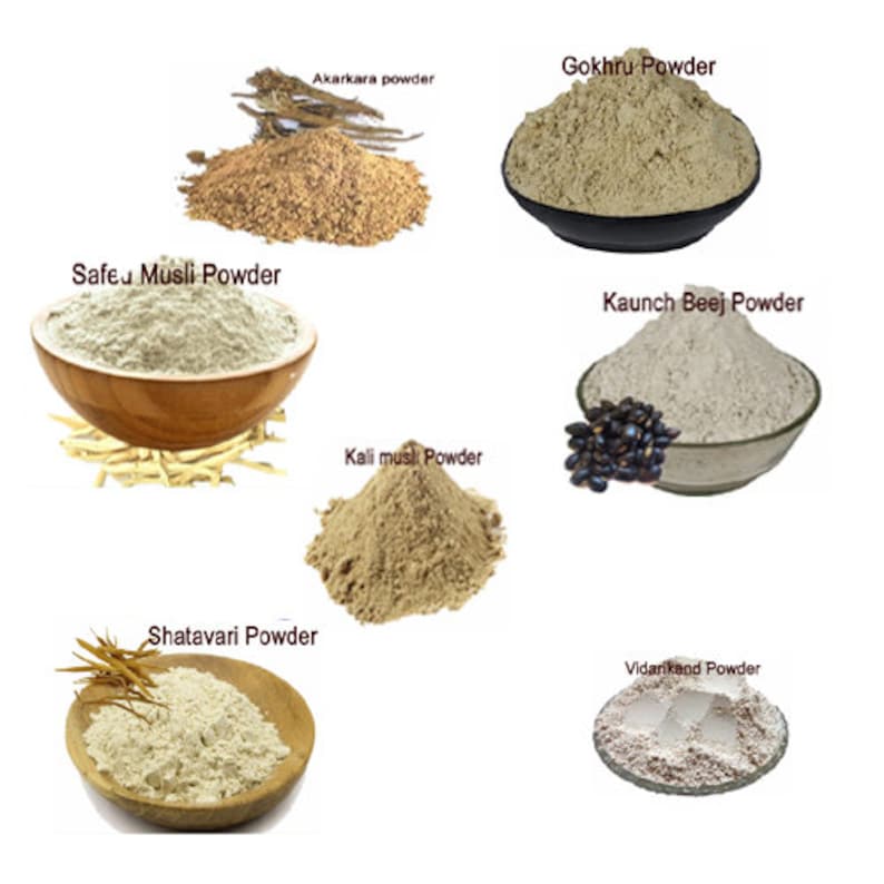May include: Eight bowls of different herbal powders, including Safeu Musli Powder, Gokhru Powder, Akarkara powder, Kali mus Powder, Kaunch Beej Powder, Shatavari Powder, and Vidarikand Powder.