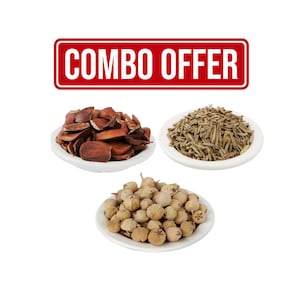 Peut inclure: Offre combinée de trois bols d'herbes et d'épices séchées. Le premier bol contient des morceaux de fruits secs bruns. Le deuxième bol contient des herbes séchées, brun clair, fines et en forme de brindilles. Le troisième bol contient de petites graines rondes brun clair.